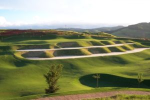 The bunkers of the final hole of the Vista Verde golf course.