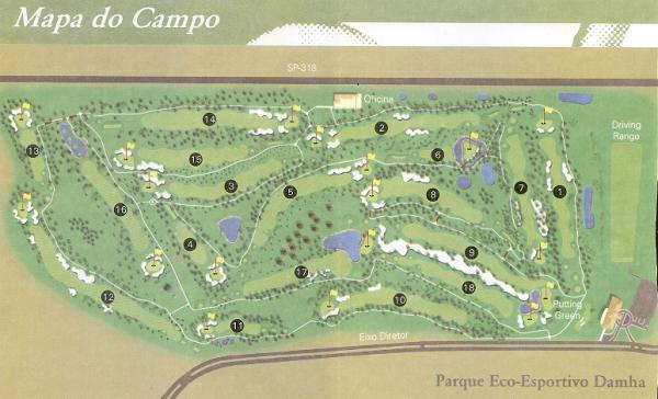 Map of the course of the Damha golf club in Sao Carlos.